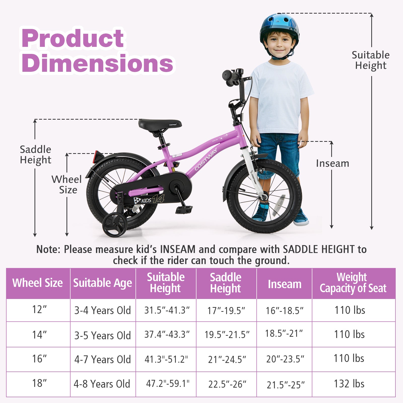 Kids Bike 14-Inch Children Training Bicycle with 2 Brake for 3-5 Years Old, Purple Kids Bike at Gallery Canada
