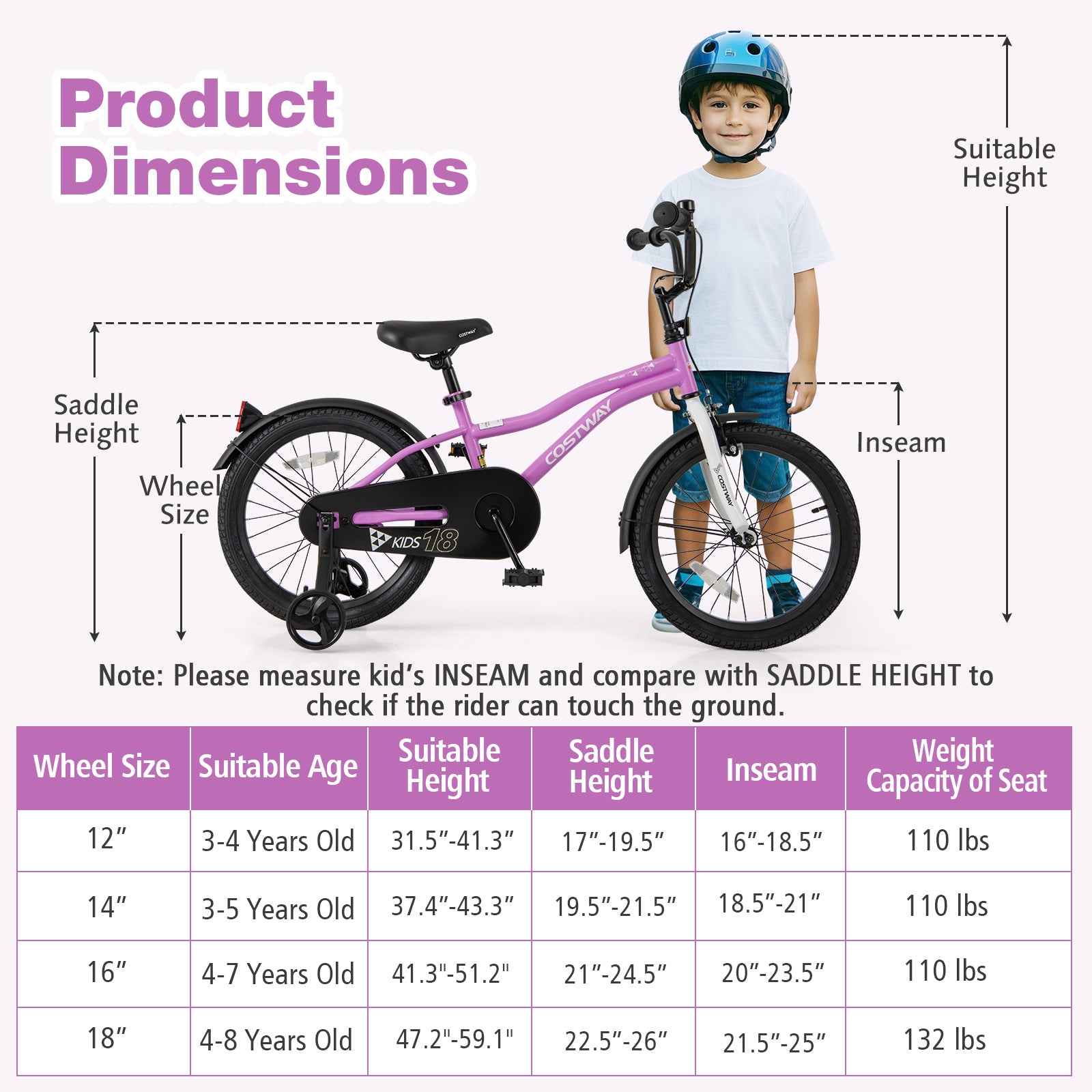 Kids Bike 18-Inch Children Training Bicycle with 2 Brake for 4-8 Years Old, Purple Kids Bike at Gallery Canada