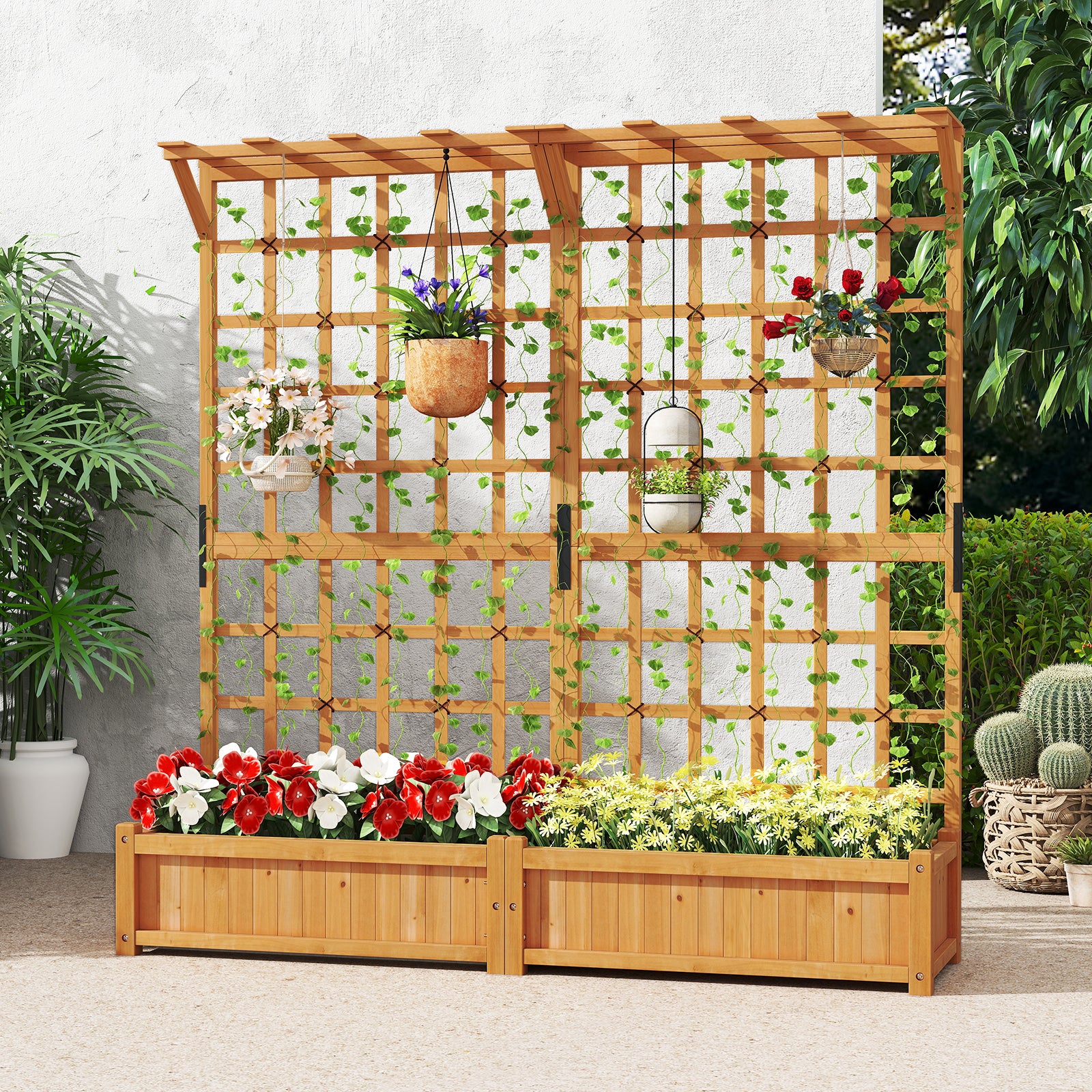 71 Inches Large Wooden Planter Container With Trellis, Hanging Roof, Orange Raised Garden Beds at Gallery Canada