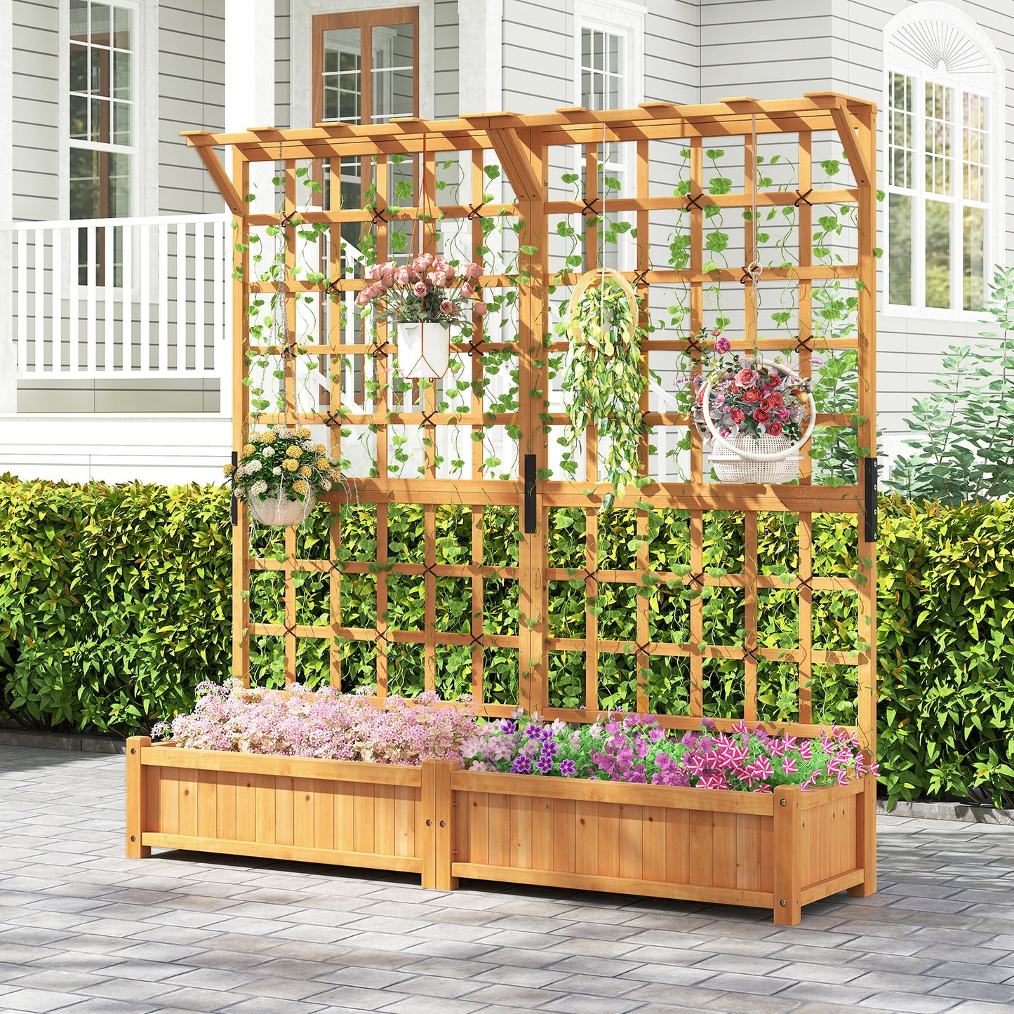 71 Inches Large Wooden Planter Container With Trellis, Hanging Roof, Orange Raised Garden Beds at Gallery Canada