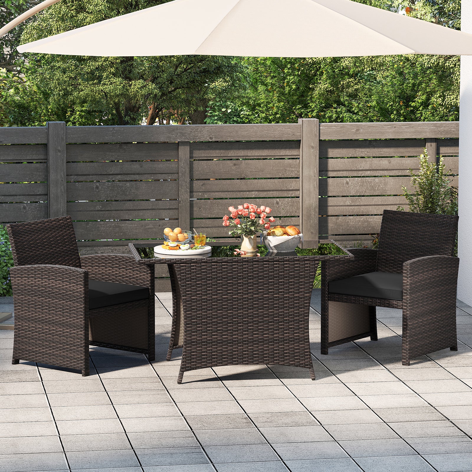 3 Piece Patio Wicker Dining Set with Rectangle Tempered Glass Dining Table, Brown Patio Dining Sets at Gallery Canada