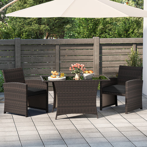 3 Piece Patio Wicker Dining Set with Rectangle Tempered Glass Dining Table, Brown