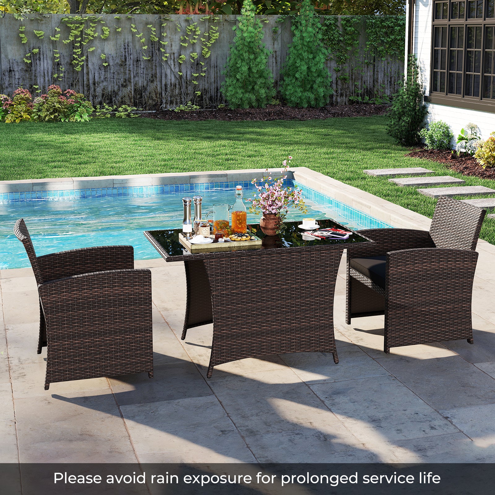 3 Piece Patio Wicker Dining Set with Rectangle Tempered Glass Dining Table, Brown Patio Dining Sets at Gallery Canada