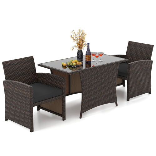 3 Piece Patio Wicker Dining Set with Rectangle Tempered Glass Dining Table, Brown