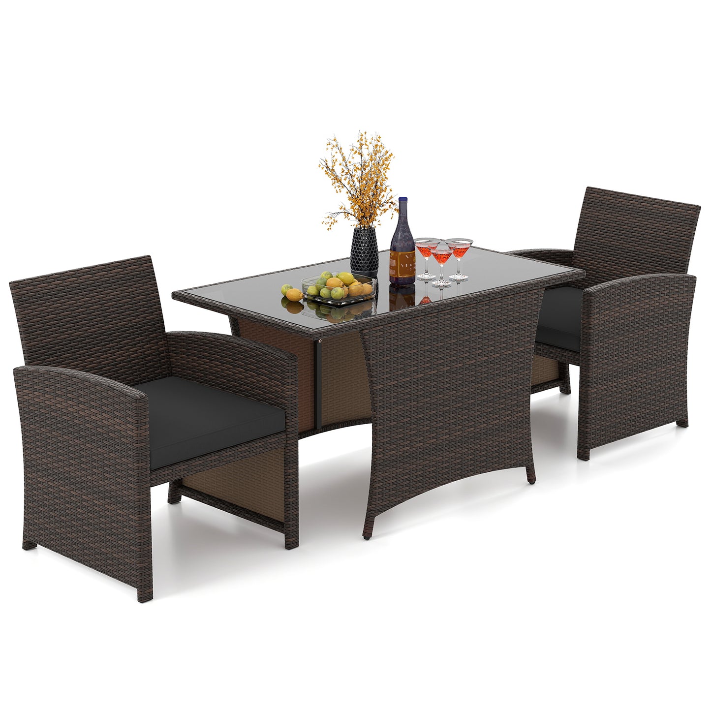 3 Piece Patio Wicker Dining Set with Rectangle Tempered Glass Dining Table, Brown Patio Dining Sets at Gallery Canada