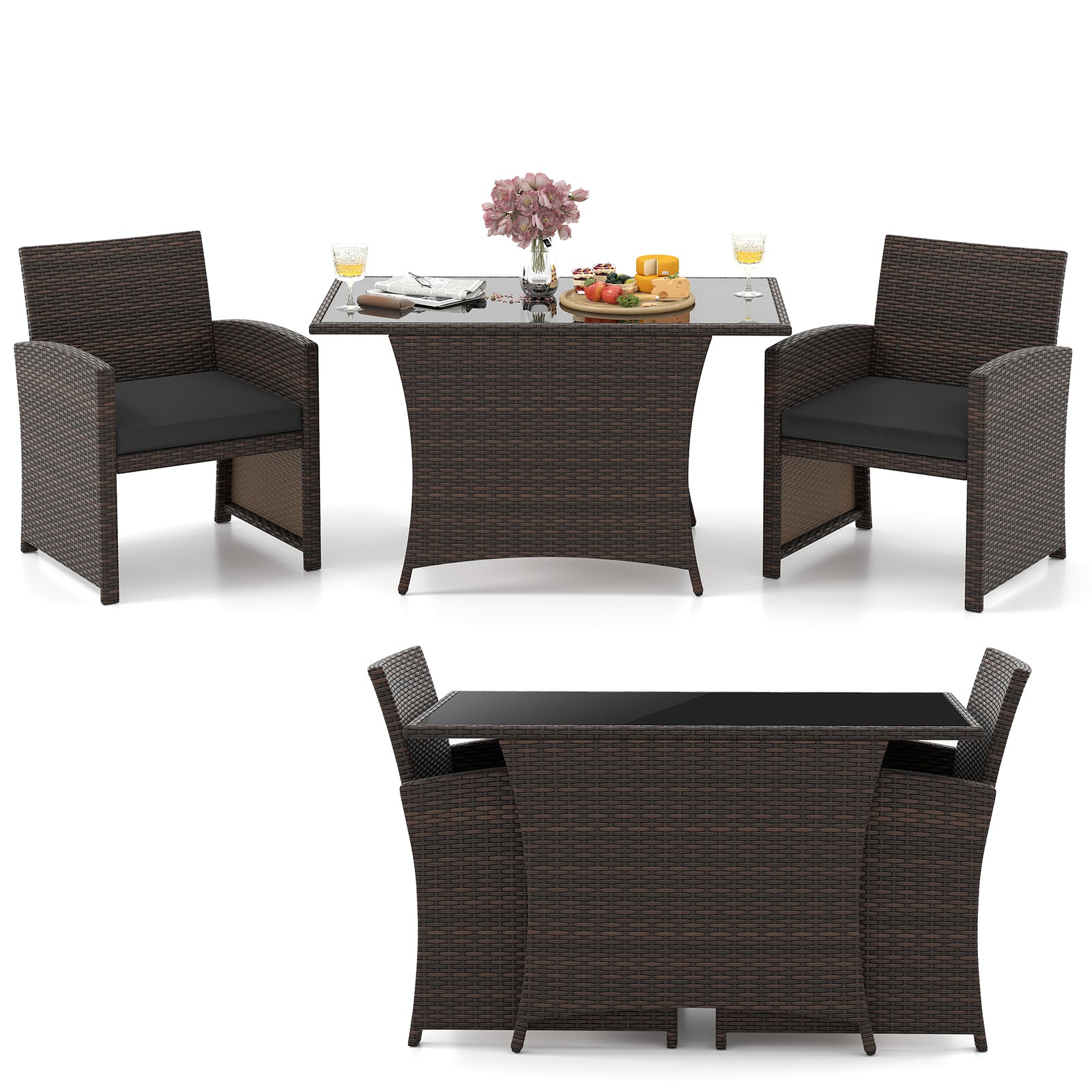 3 Piece Patio Wicker Dining Set with Rectangle Tempered Glass Dining Table, Brown Patio Dining Sets at Gallery Canada