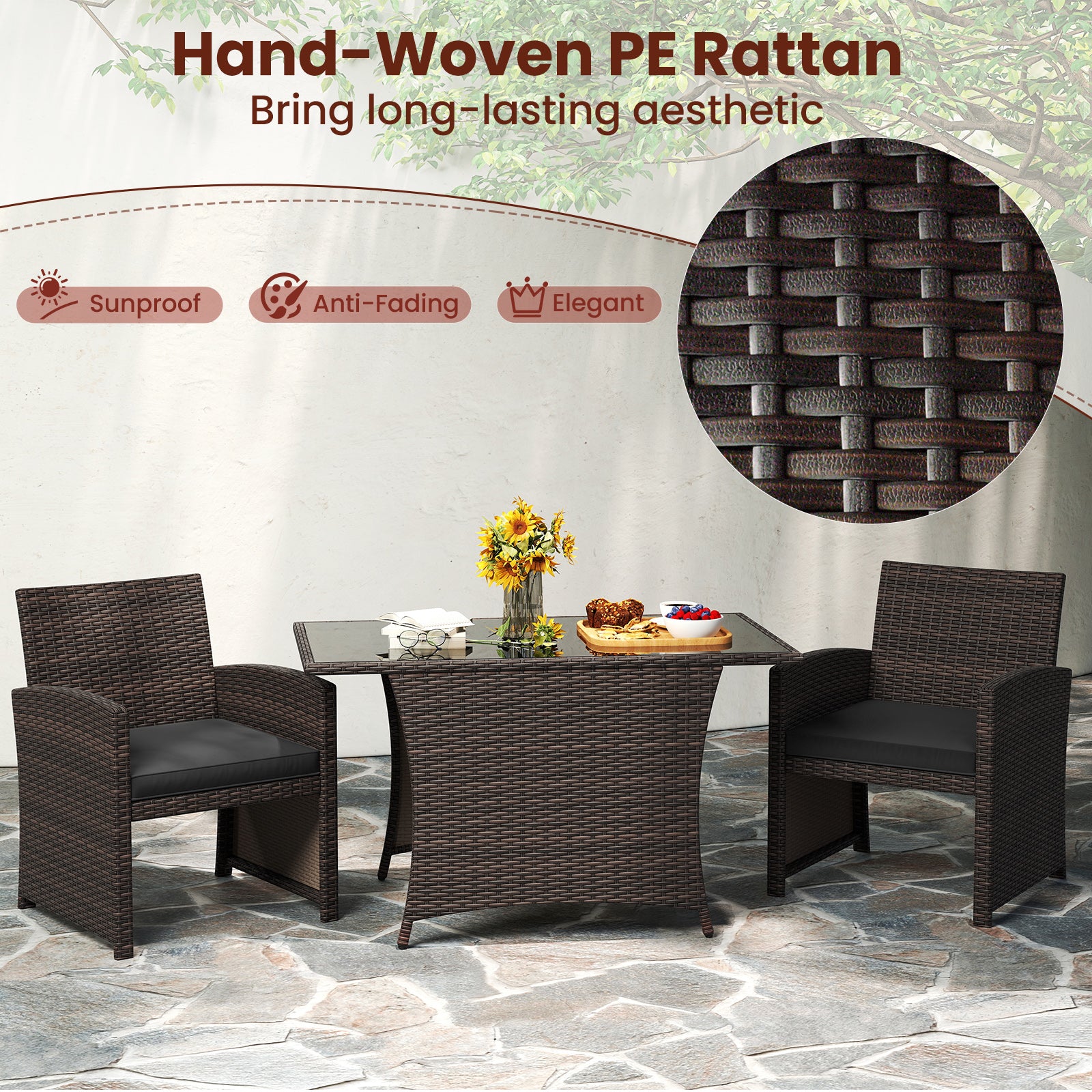 3 Piece Patio Wicker Dining Set with Rectangle Tempered Glass Dining Table, Brown Patio Dining Sets at Gallery Canada