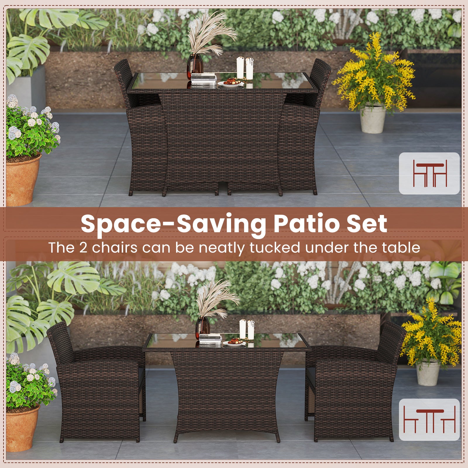 3 Piece Patio Wicker Dining Set with Rectangle Tempered Glass Dining Table, Brown Patio Dining Sets at Gallery Canada