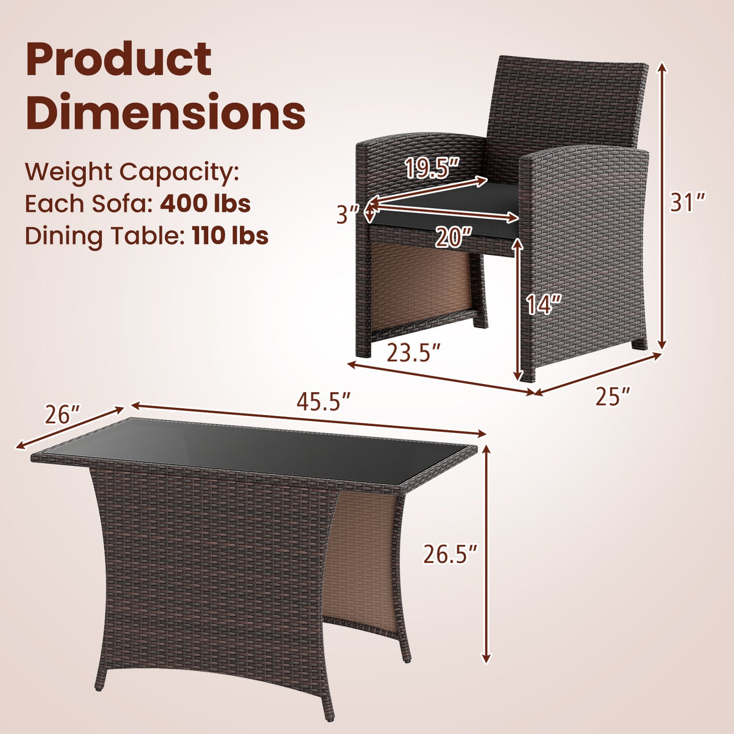 3 Piece Patio Wicker Dining Set with Rectangle Tempered Glass Dining Table, Brown Patio Dining Sets at Gallery Canada