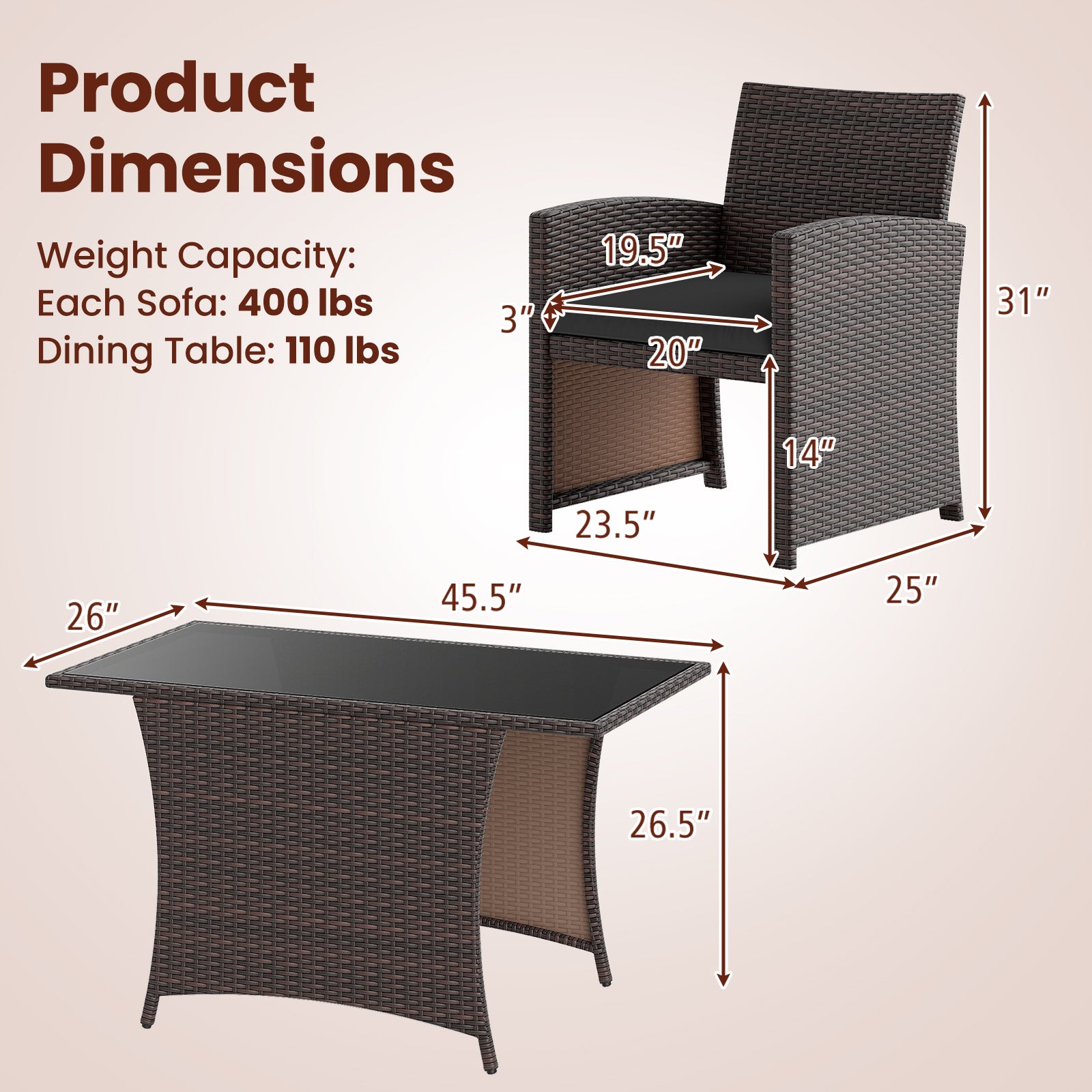 3 Piece Patio Wicker Dining Set with Rectangle Tempered Glass Dining Table, Brown Patio Dining Sets at Gallery Canada