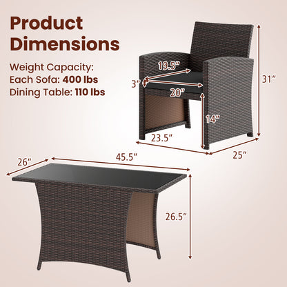 3 Piece Patio Wicker Dining Set with Rectangle Tempered Glass Dining Table, Brown Patio Dining Sets at Gallery Canada