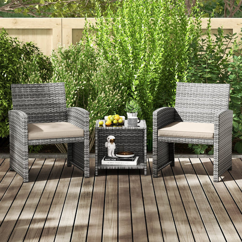 3 Pieces Patio Furniture Set with Tempered Glass Coffee Table and Soft Seat Cushions, White