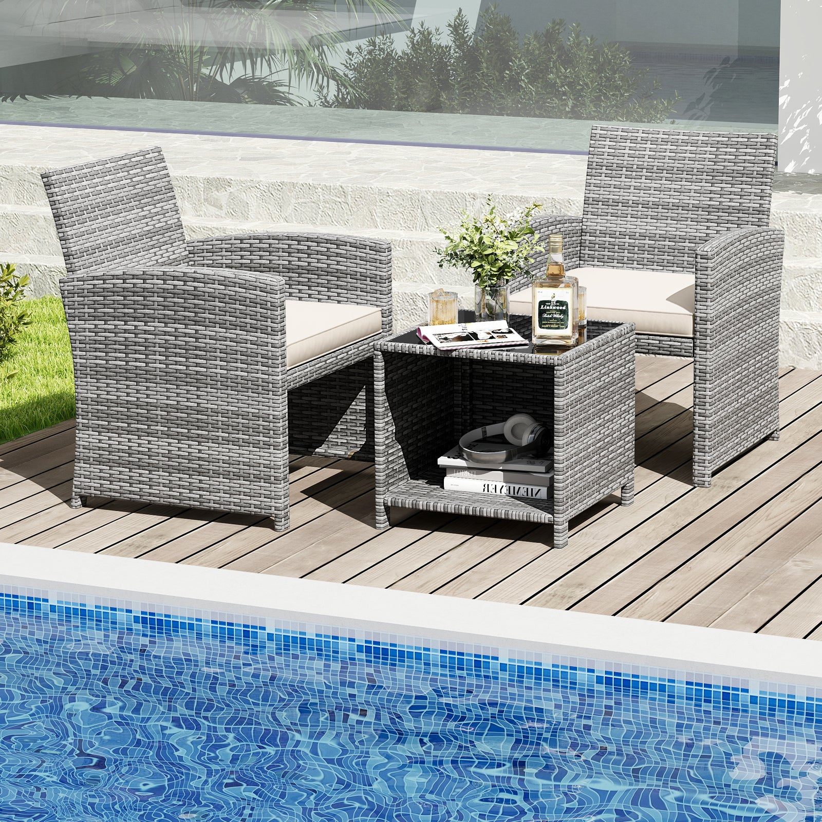 3 Pieces Patio Furniture Set with Tempered Glass Coffee Table and Soft Seat Cushions, White Patio Conversation Sets at Gallery Canada