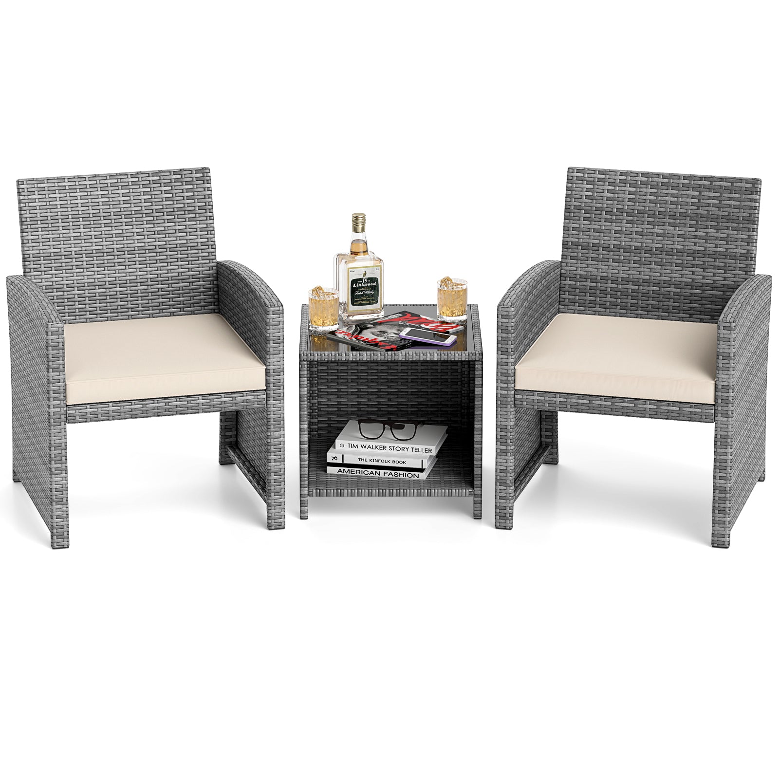 3 Pieces Patio Furniture Set with Tempered Glass Coffee Table and Soft Seat Cushions, White Patio Conversation Sets at Gallery Canada