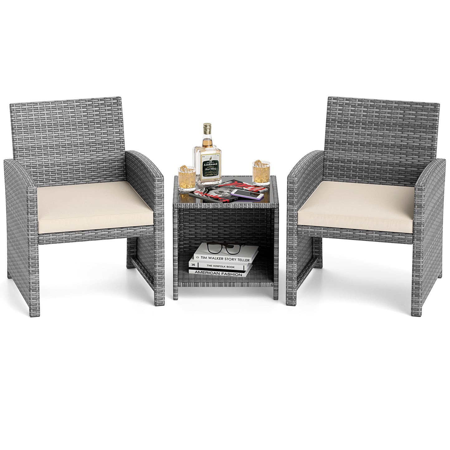 3 Piece Patio Furniture Set, Tempered Glass Coffee Table, Soft Cushions, White