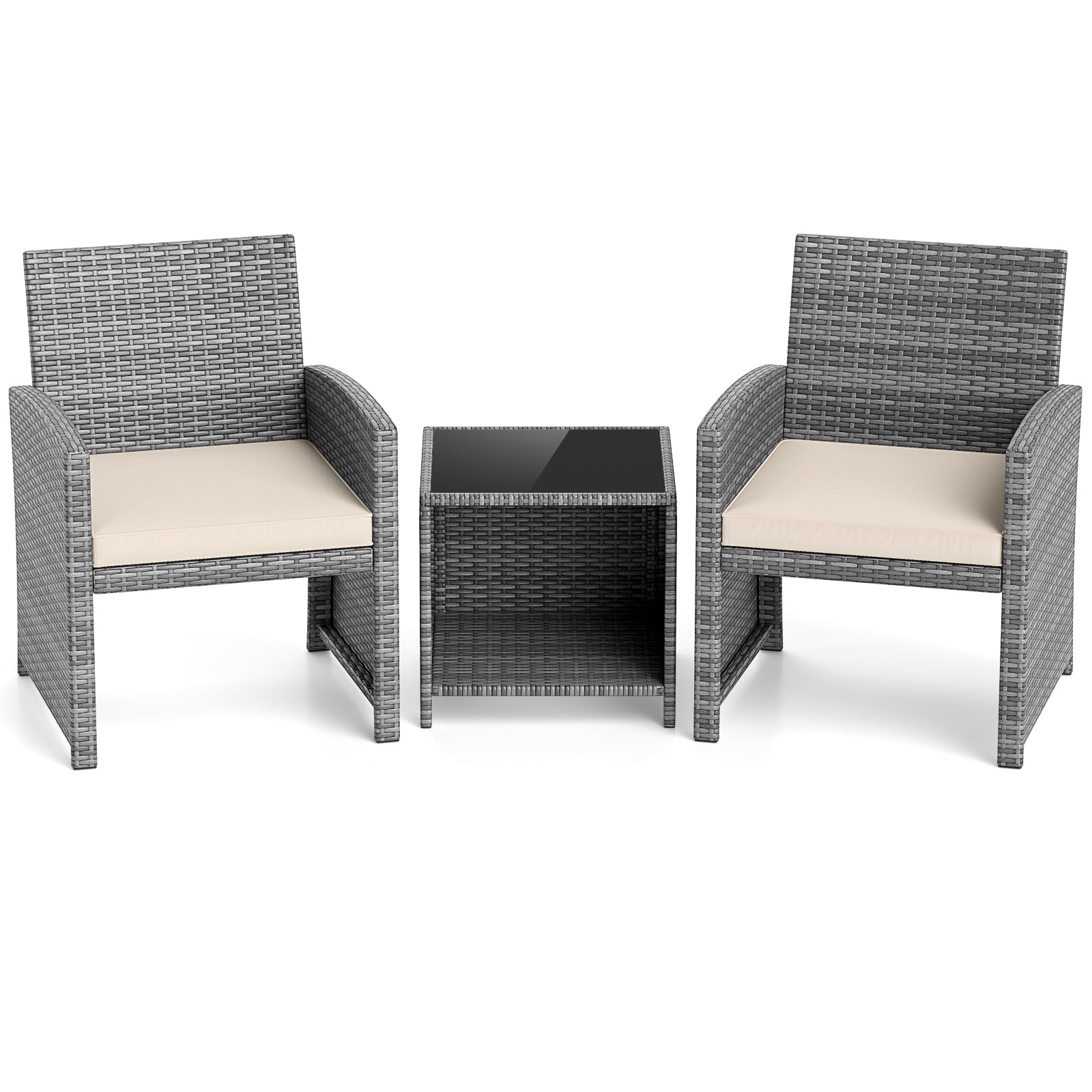 3 Pieces Patio Furniture Set with Tempered Glass Coffee Table and Soft Seat Cushions, White Patio Conversation Sets at Gallery Canada
