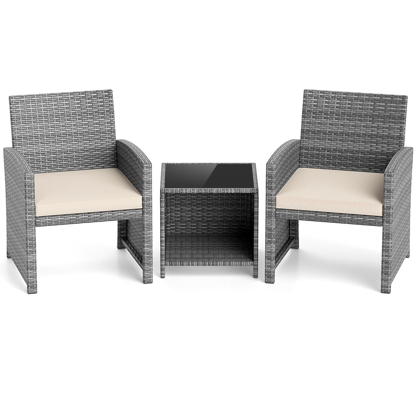 3 Pieces Patio Furniture Set with Tempered Glass Coffee Table and Soft Seat Cushions, White Patio Conversation Sets at Gallery Canada