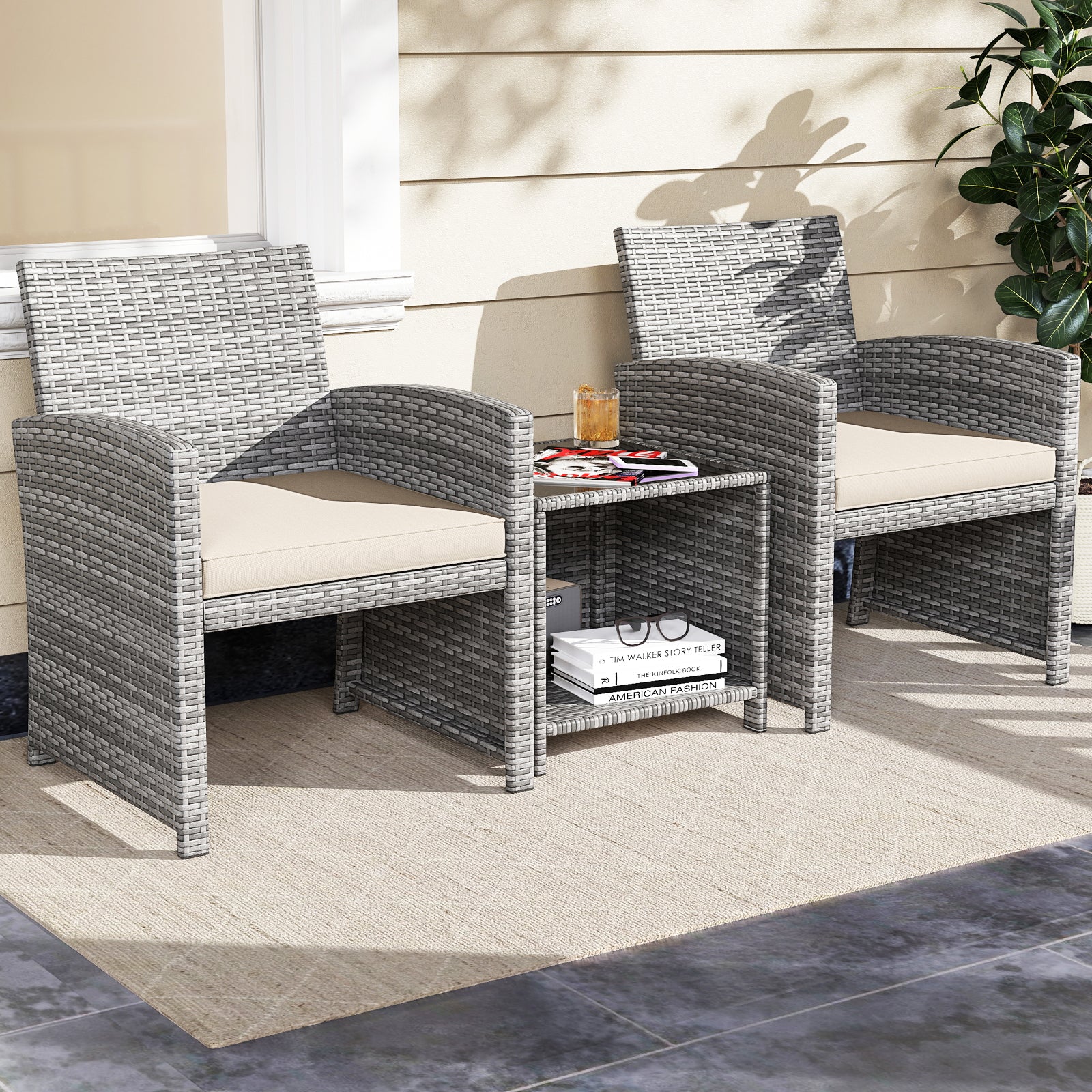3 Pieces Patio Furniture Set with Tempered Glass Coffee Table and Soft Seat Cushions, White Patio Conversation Sets at Gallery Canada