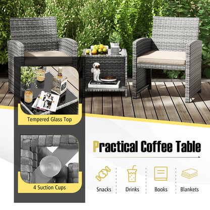 3 Pieces Patio Furniture Set with Tempered Glass Coffee Table and Soft Seat Cushions, White Patio Conversation Sets at Gallery Canada