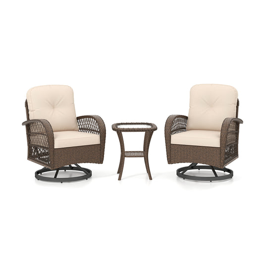 3 Piece Patio Swivel Rocker Set, Tempered Glass Table, Thick Cushions, Brown Patio Rocking Chairs & Gliders Brown at Gallery Canada