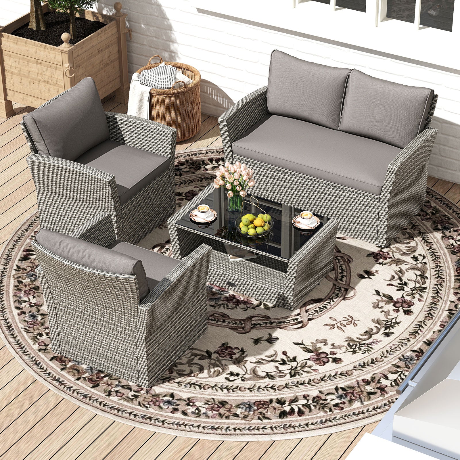 4 Pieces Patio Rattan Furniture Set Sofa Table with Storage Shelf Cushion, Gray Patio Conversation Sets at Gallery Canada
