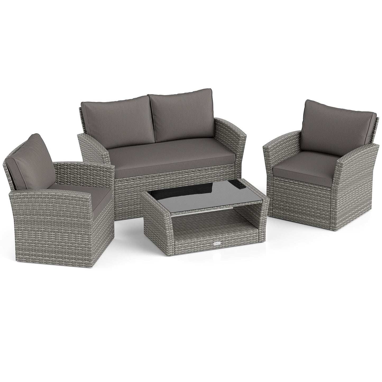 4 Pieces Patio Rattan Furniture Set Sofa Table with Storage Shelf Cushion, Gray Patio Conversation Sets Gray at Gallery Canada