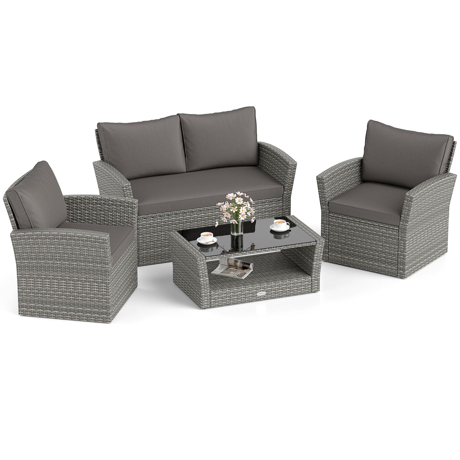4 Pieces Patio Rattan Furniture Set Sofa Table with Storage Shelf Cushion, Gray Patio Conversation Sets at Gallery Canada