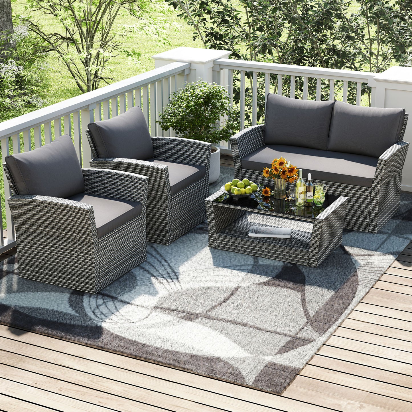 4 Pieces Patio Rattan Furniture Set Sofa Table with Storage Shelf Cushion, Gray Patio Conversation Sets at Gallery Canada