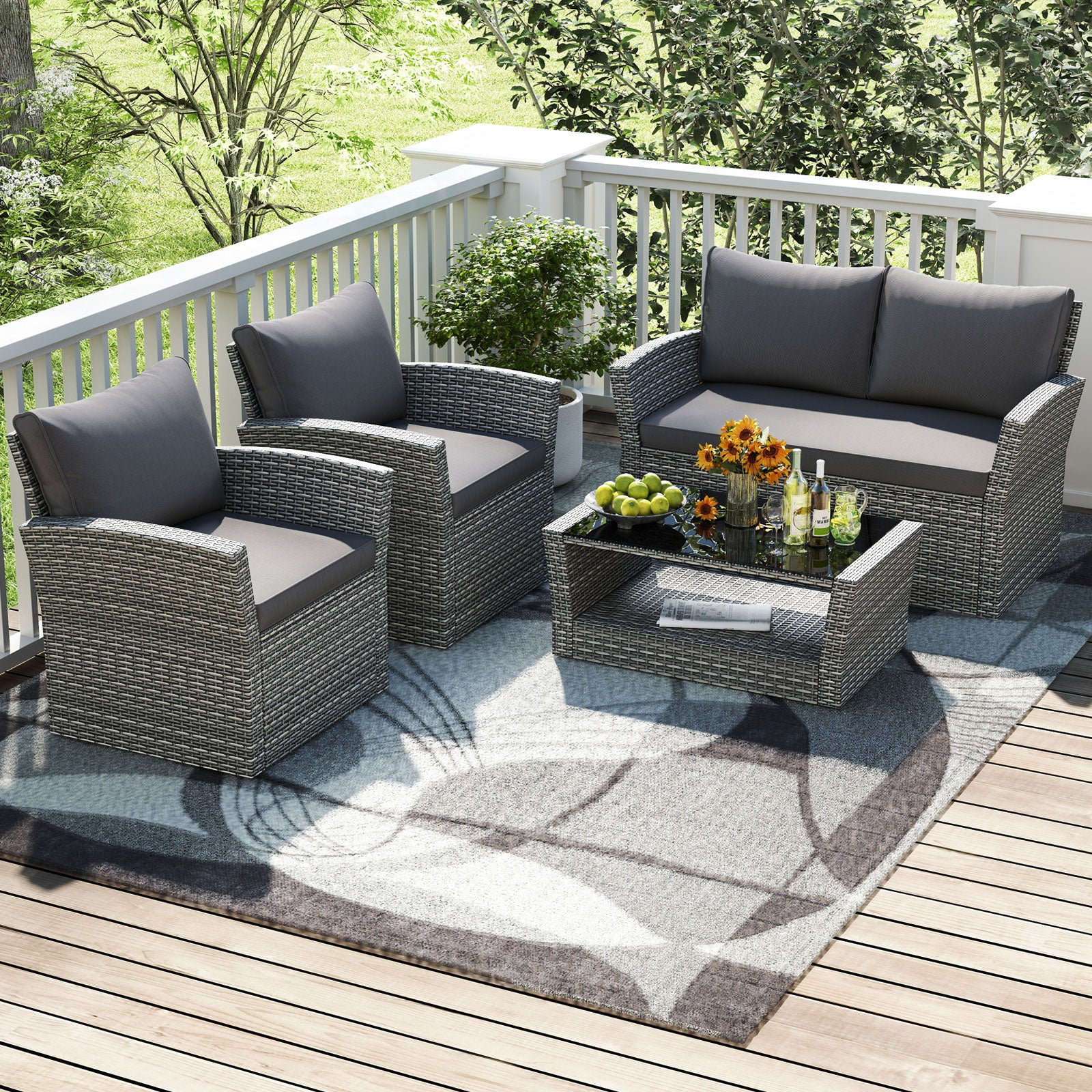 4 Pieces Patio Rattan Furniture Set Sofa Table with Storage Shelf Cushion, Gray Patio Conversation Sets at Gallery Canada