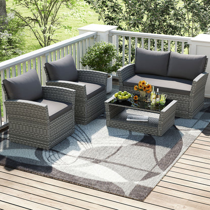 4 Pieces Patio Rattan Furniture Set Sofa Table with Storage Shelf Cushion, Gray Patio Conversation Sets at Gallery Canada