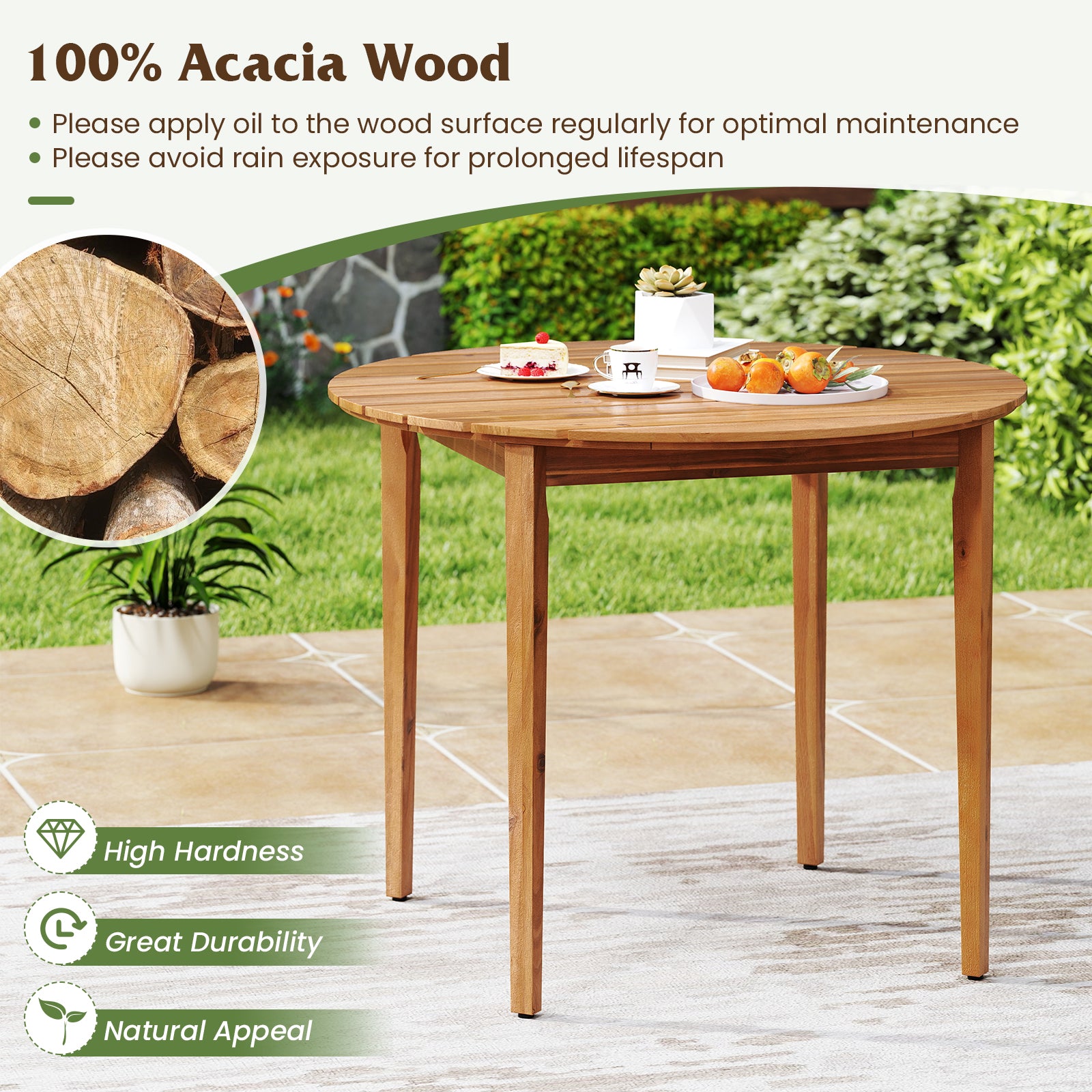 36 inch Acacia Wood Round Outdoor Dining Table for 4 People, Natural Patio Dining Tables at Gallery Canada