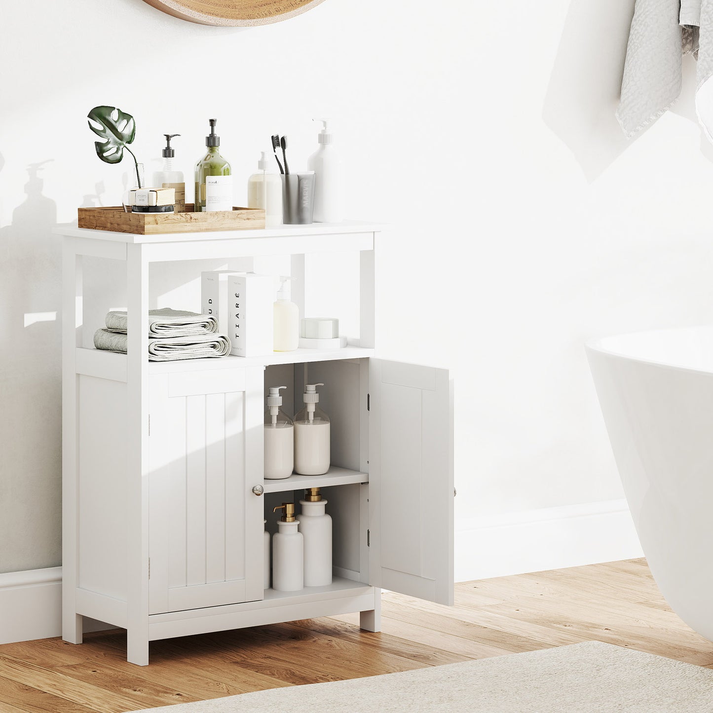 Bathroom Floor Cabinet Freestanding Storage Organizer with Open Compartment, White Floor Cabinets at Gallery Canada