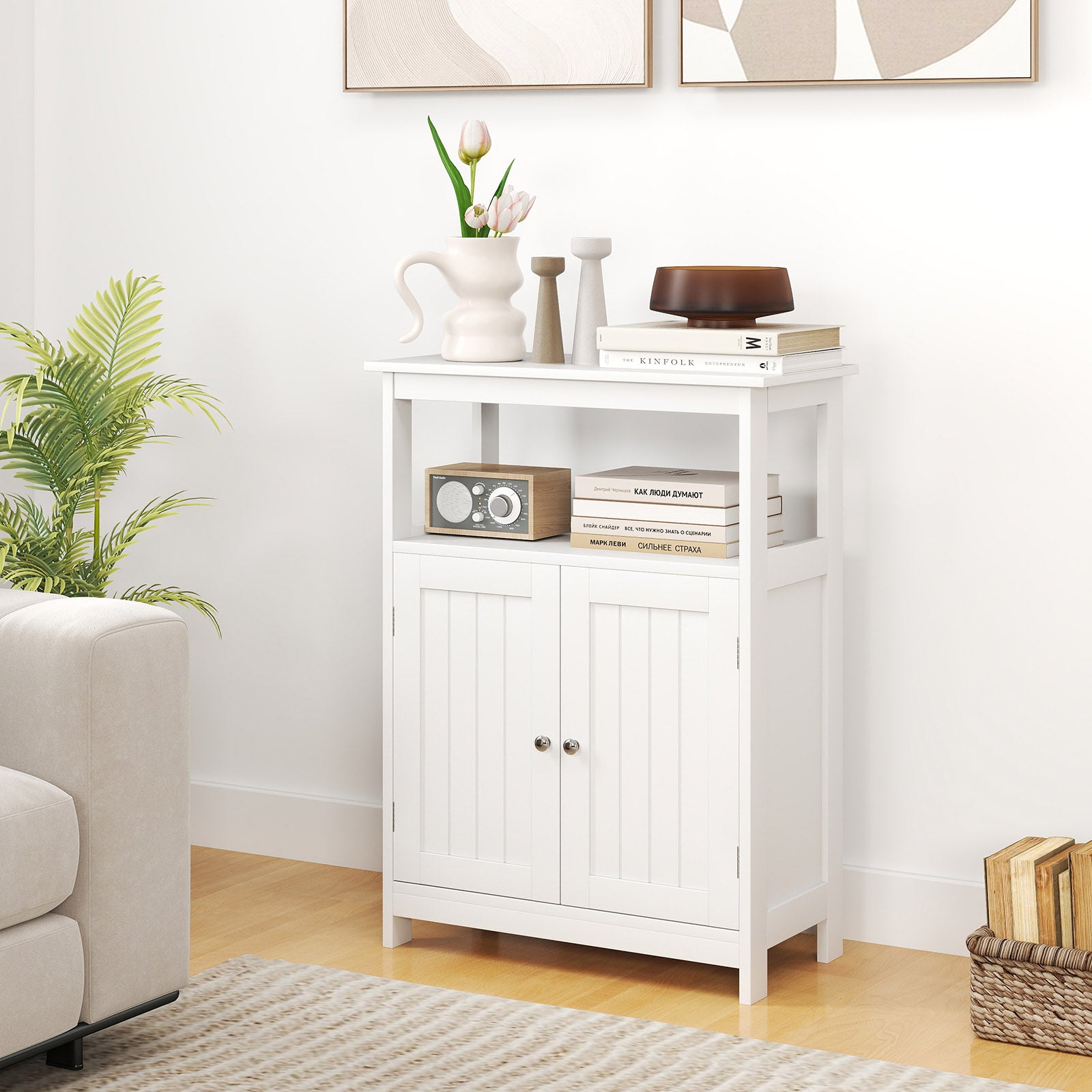 Bathroom Floor Cabinet Freestanding Storage Organizer with Open Compartment, White Floor Cabinets at Gallery Canada
