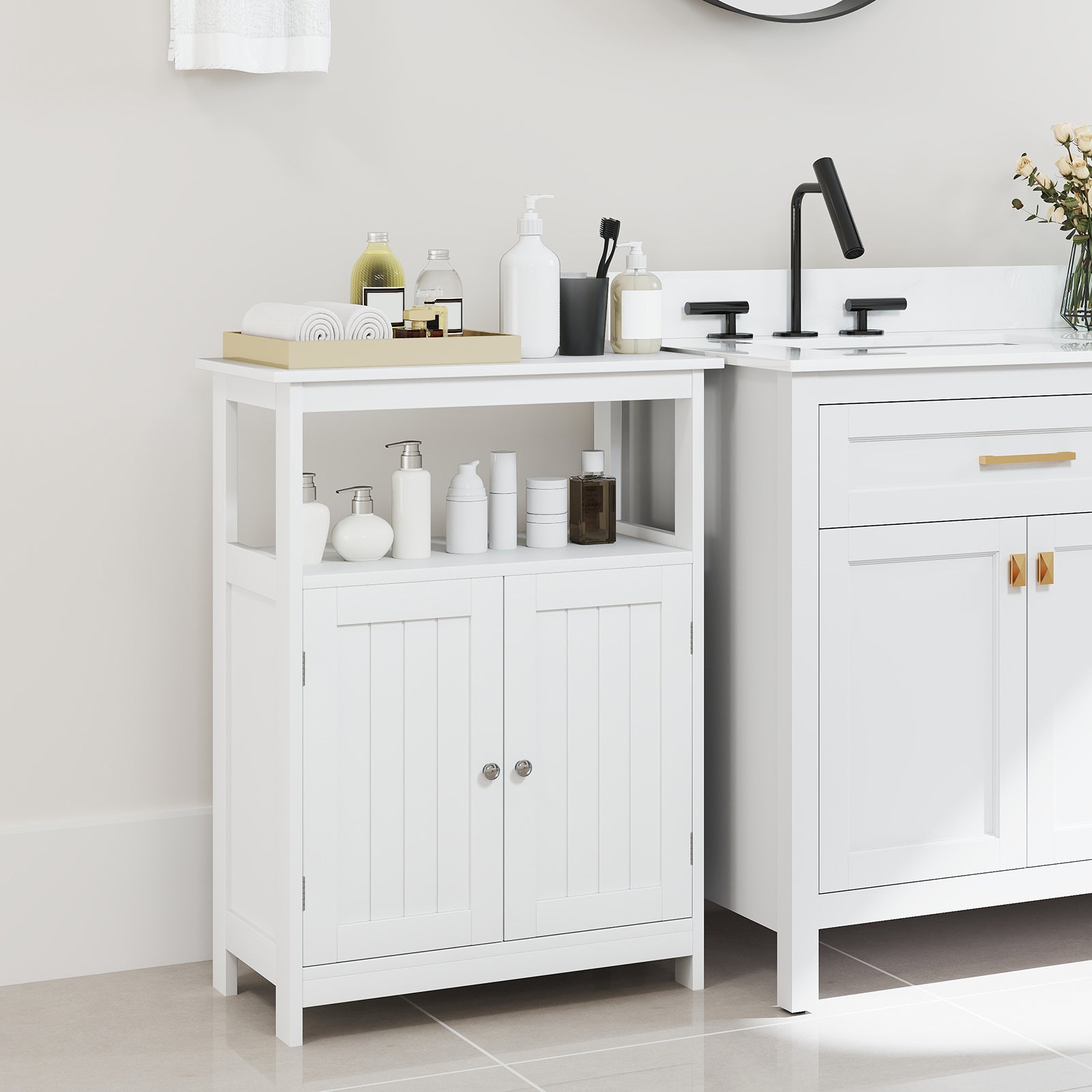 Bathroom Floor Cabinet Freestanding Storage Organizer with Open Compartment, White Floor Cabinets at Gallery Canada