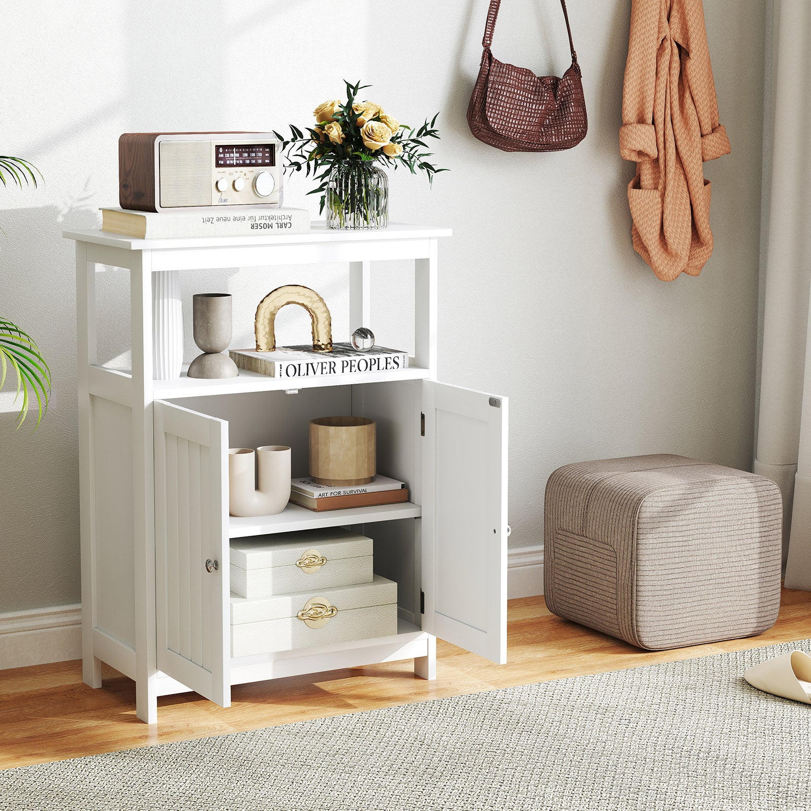 Bathroom Floor Cabinet Freestanding Storage Organizer with Open Compartment, White Floor Cabinets at Gallery Canada
