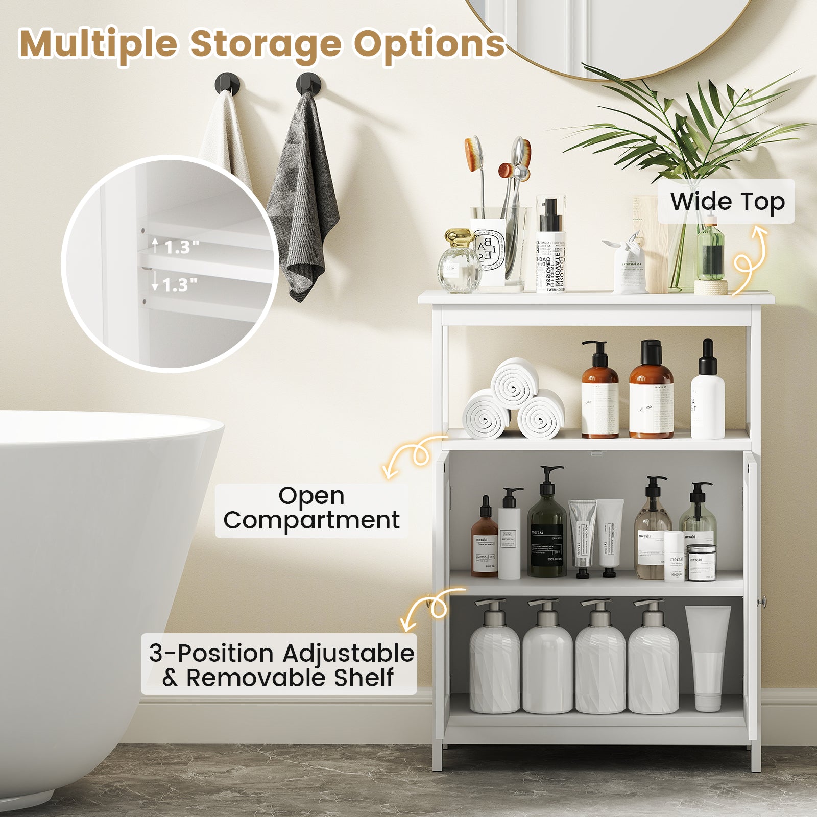 Bathroom Floor Cabinet Freestanding Storage Organizer with Open Compartment, White Floor Cabinets at Gallery Canada