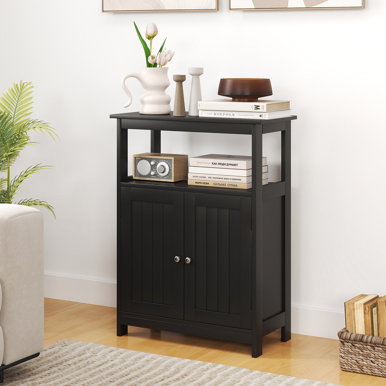 Bathroom Floor Cabinet Freestanding Storage Organizer with Open Compartment, Black Floor Cabinets at Gallery Canada