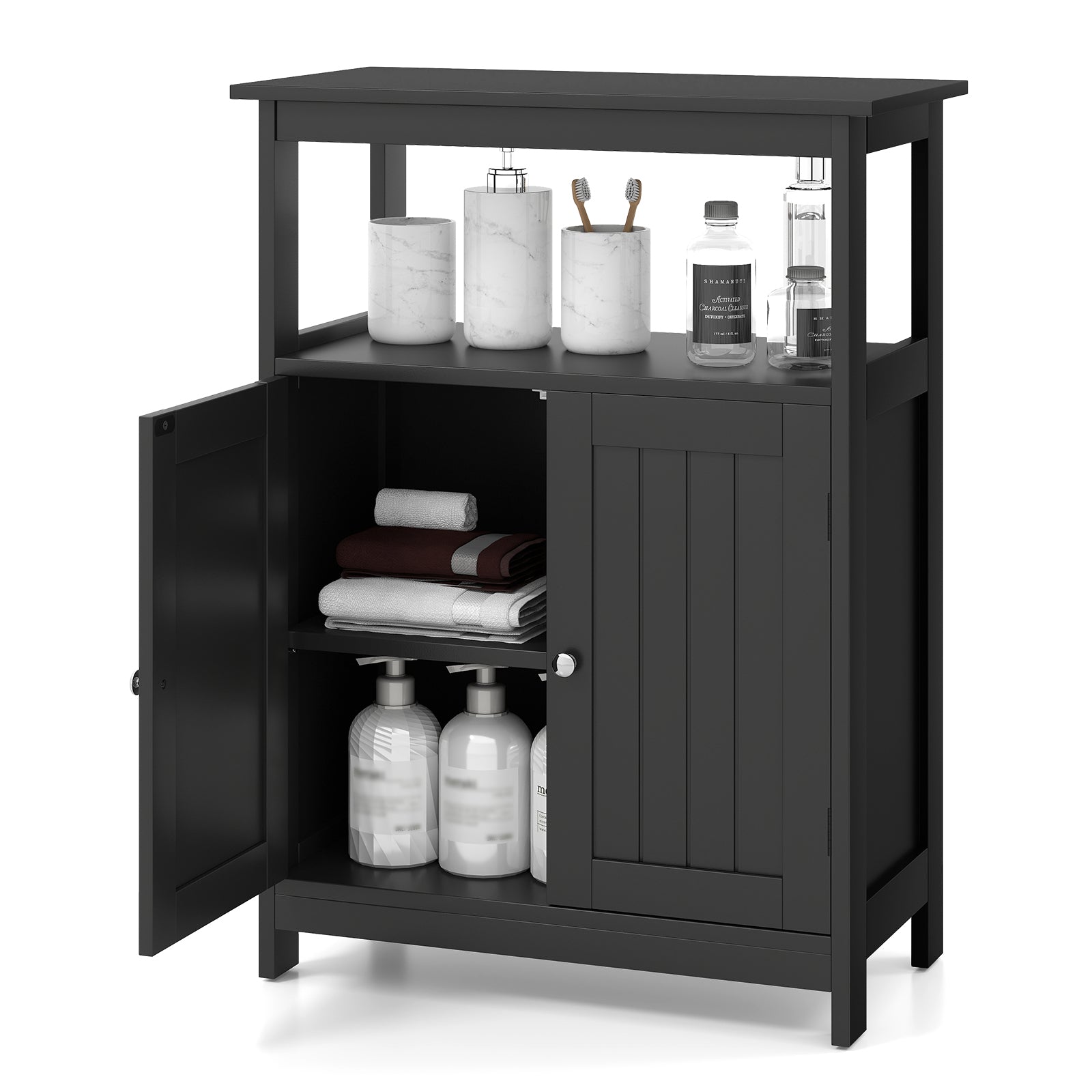 Bathroom Floor Cabinet Freestanding Storage Organizer with Open Compartment, Black Floor Cabinets at Gallery Canada