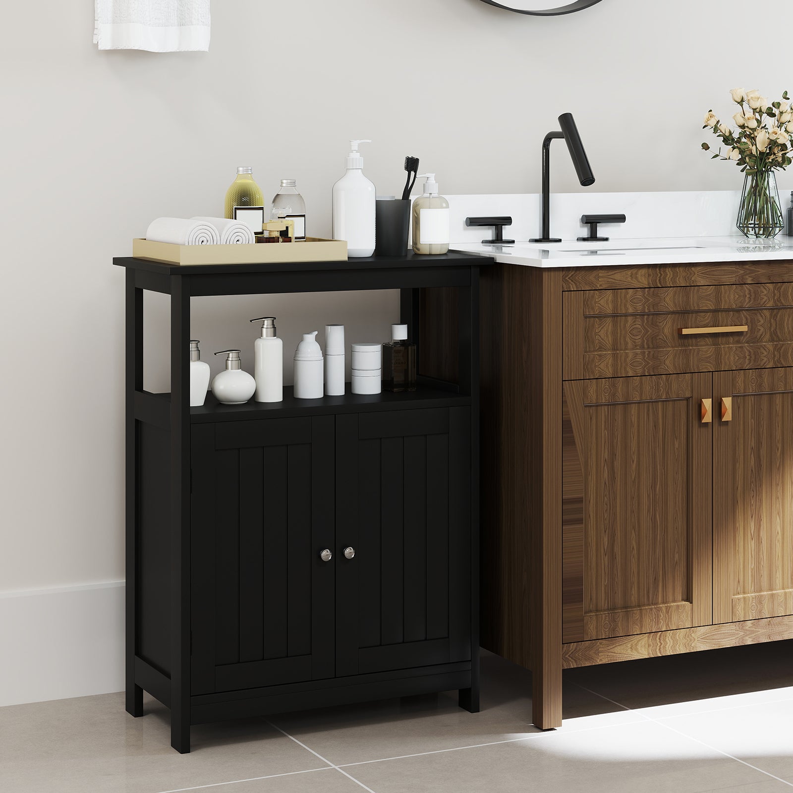 Bathroom Floor Cabinet Freestanding Storage Organizer with Open Compartment, Black Floor Cabinets at Gallery Canada