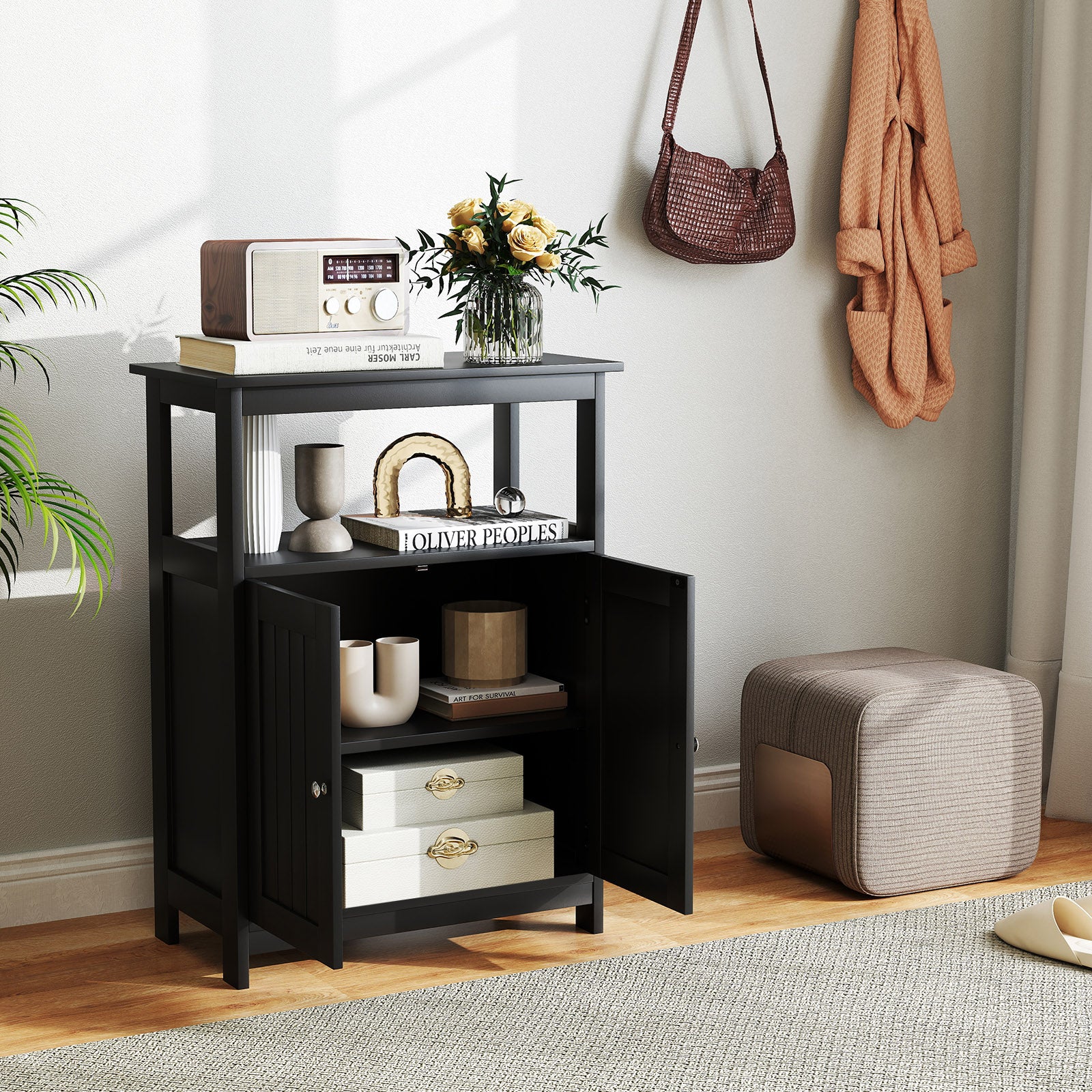 Bathroom Floor Cabinet Freestanding Storage Organizer with Open Compartment, Black Floor Cabinets at Gallery Canada
