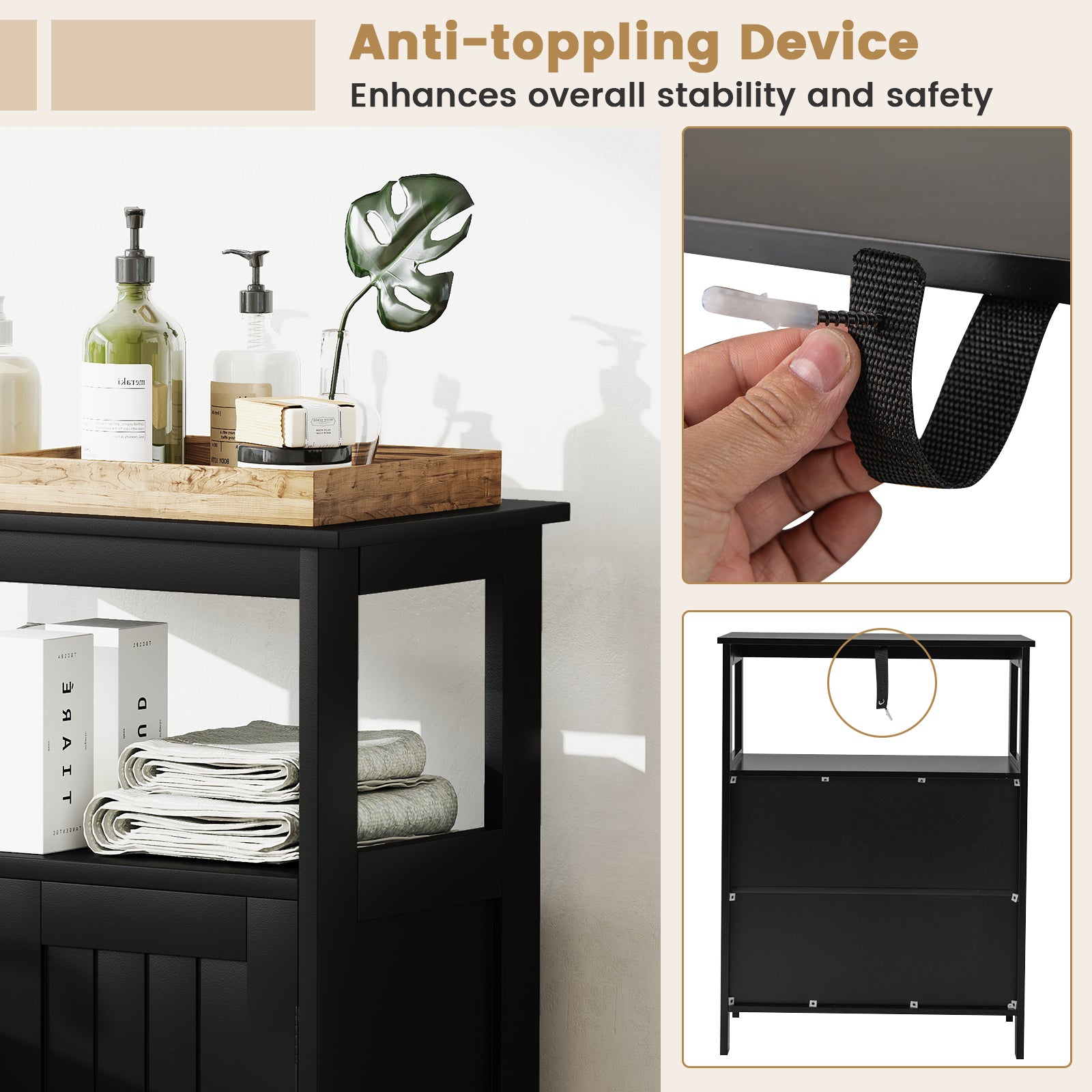 Bathroom Floor Cabinet Freestanding Storage Organizer with Open Compartment, Black Floor Cabinets at Gallery Canada
