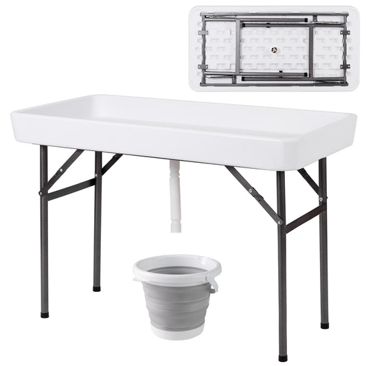 4 Feet Plastic Folding Party Table, With Skirt And Ice Bucket, White