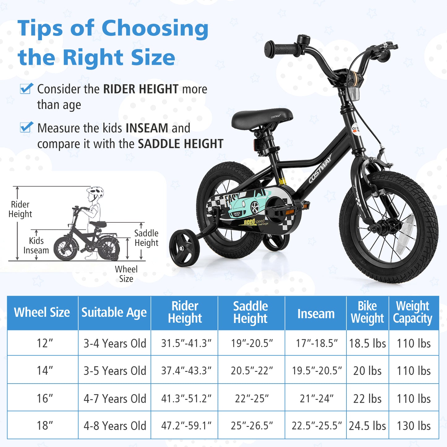 12 Inch Kids Bike Adjustable for 3-4 Years Old with Low-Step Frame, Black Kids Bike at Gallery Canada
