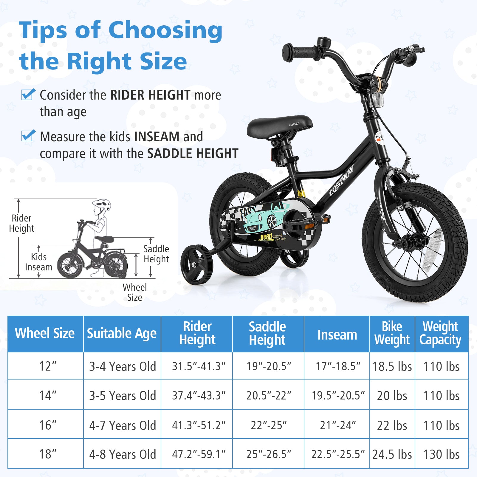 12 Inch Kids Bike Adjustable for 3-4 Years Old with Low-Step Frame, Black Kids Bike at Gallery Canada
