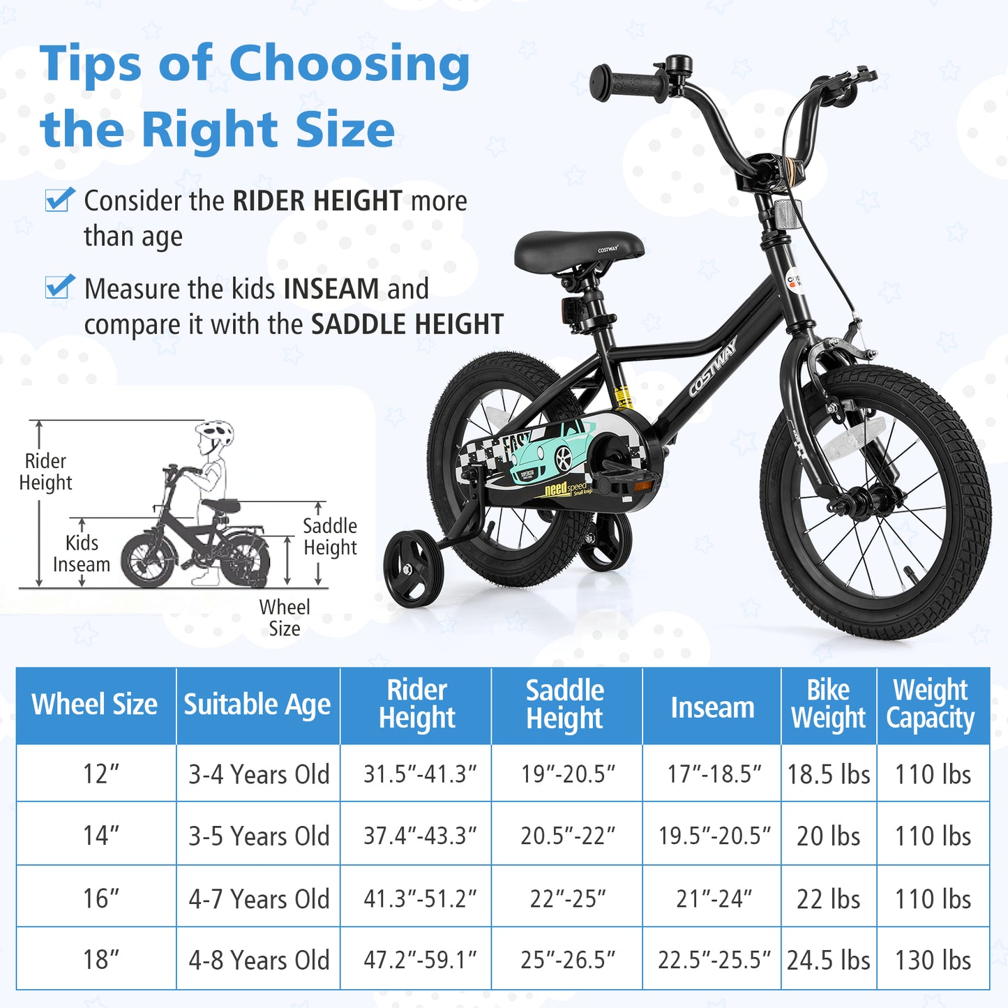 14 Inch Kids Bike Adjustable for 3-5 Years Old with Low-Step Frame, Black Kids Bike at Gallery Canada
