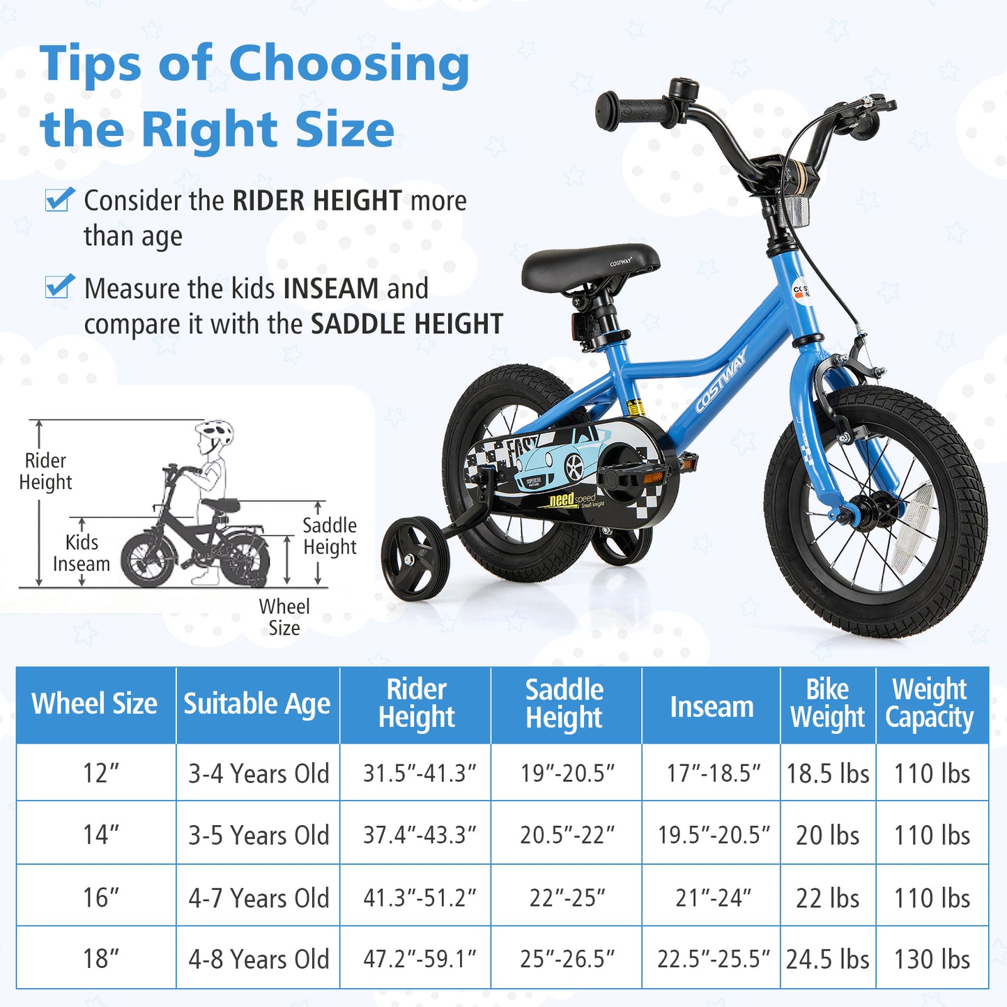 12 Inch Kids Bike with Removable Training Wheels for Aged 3-4 Years Old, Blue Kids Bike at Gallery Canada