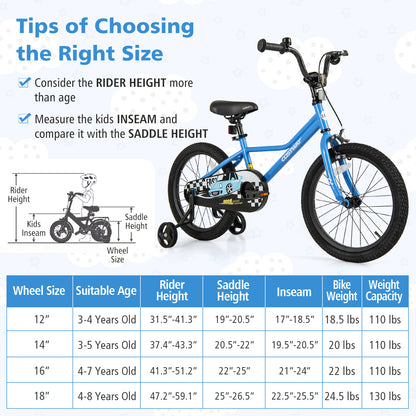 18 Inch Kids Bike with Removable Training Wheels for Aged 4-8 Years Old, Blue Kids Bike at Gallery Canada