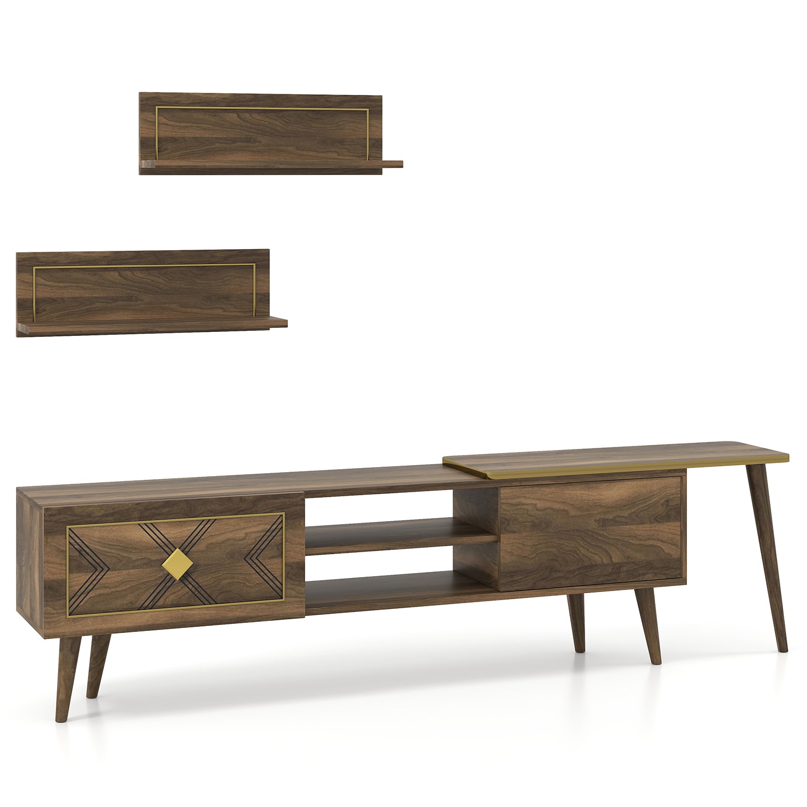 Mid-century Modern TV Stand for TVs up to 85 Inch with Open Compartments, Walnut Entertainment Centers & TV Stands at Gallery Canada