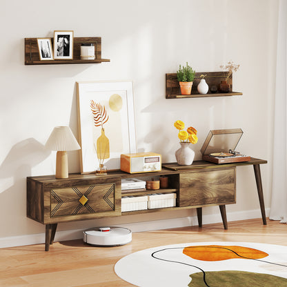 Mid-century Modern TV Stand for TVs up to 85 Inch with Open Compartments, Walnut Entertainment Centers & TV Stands at Gallery Canada