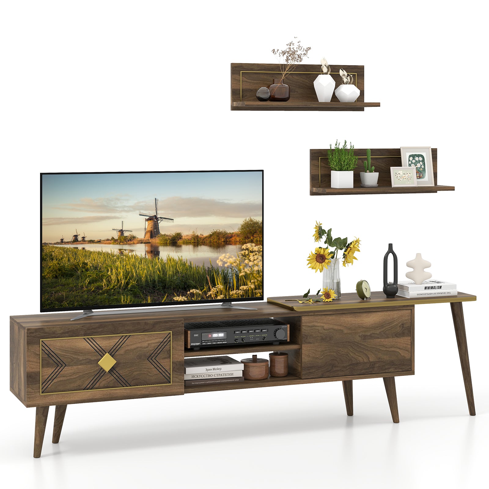 Mid-century Modern TV Stand for TVs up to 85 Inch with Open Compartments, Walnut Entertainment Centers & TV Stands at Gallery Canada
